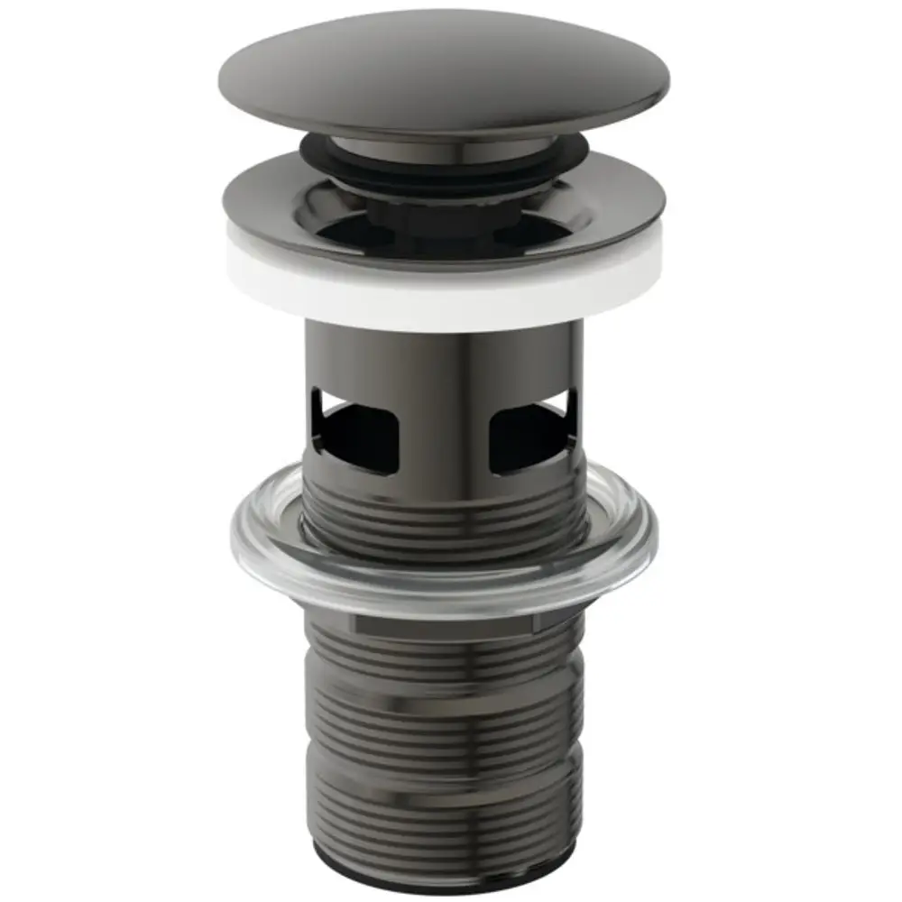 Push-Open-Waschtisch-Ablauf von Ideal Standard in Metallic-Grau, mit runder Betätigung und Überlauf, geeignet für Badezimmeranwendungen.